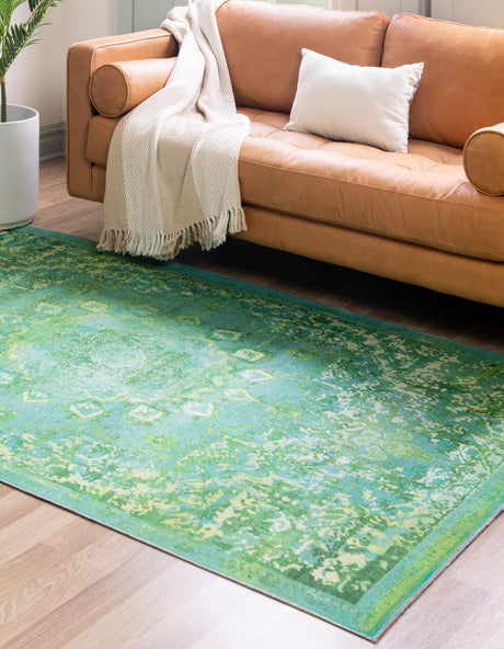 Washable Spring Green 5' 11 x 9' Renaissance Rectangle Area Rug Easy to Clean Stain Resistant & Durable Colorful Distressed Vintage Carpet for Sale at Rug Engine
