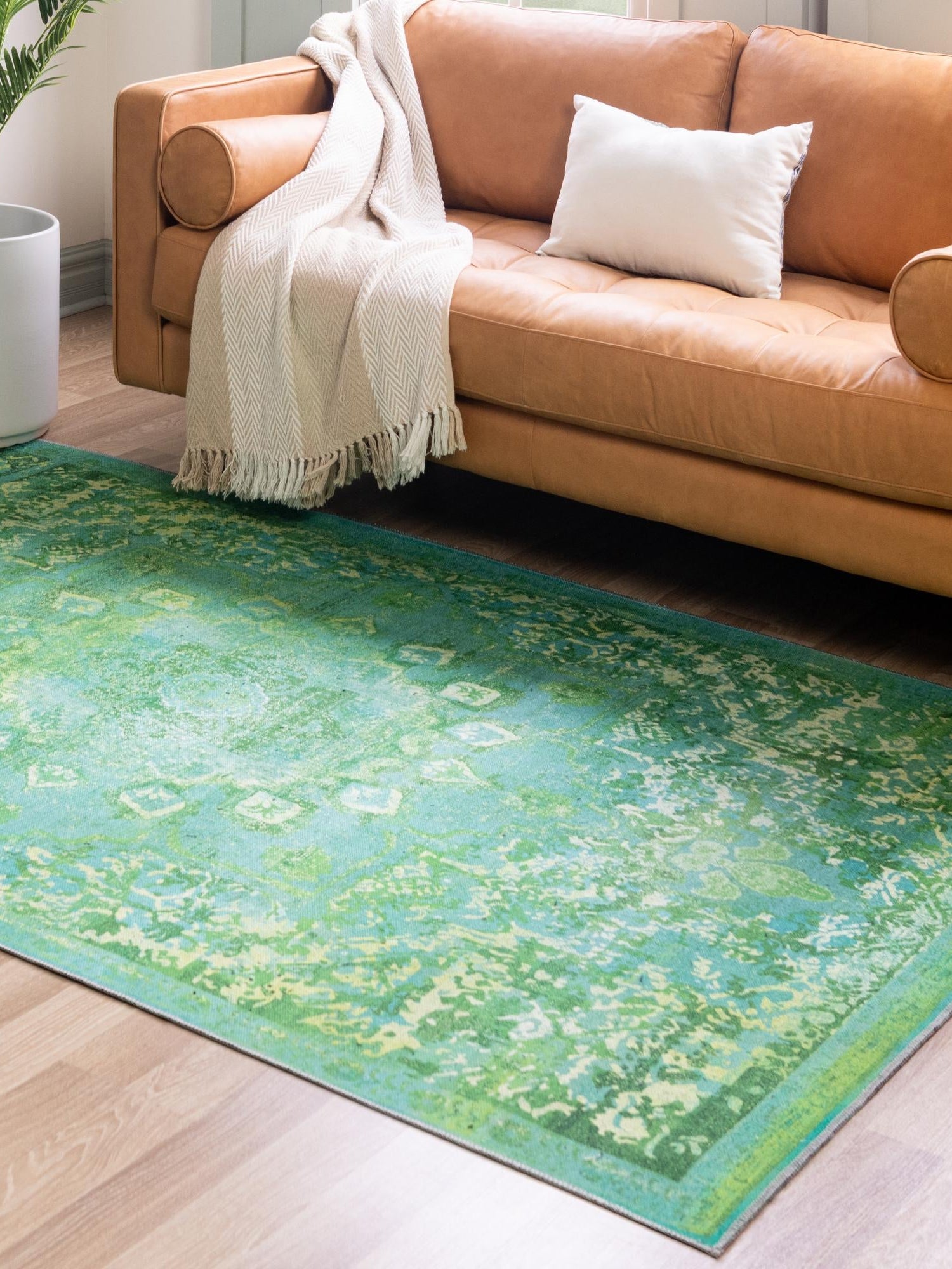 Washable Spring Green 9' 2 x 12' Renaissance Rectangle Area Rug Easy to Clean Stain Resistant & Durable Colorful Distressed Vintage Carpet for Sale at Rug Engine