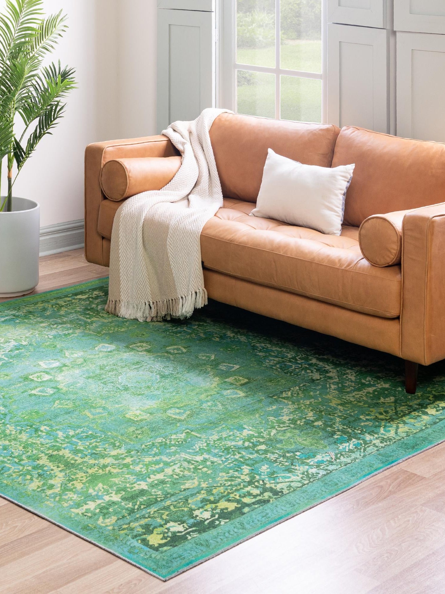 Washable Spring Green 7' 3 x 7' 3 Renaissance Square Area Rug Easy to Clean Stain Resistant & Durable Colorful Distressed Vintage Carpet for Sale at Rug Engine