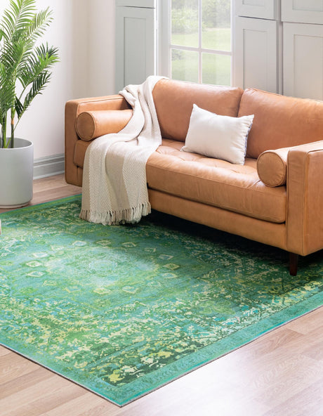Washable Spring Green 7' 3 x 7' 3 Renaissance Square Area Rug Easy to Clean Stain Resistant & Durable Colorful Distressed Vintage Carpet for Sale at Rug Engine