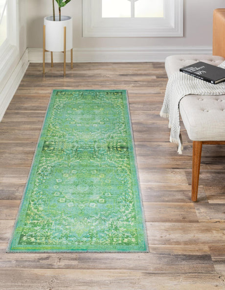 Washable Spring Green 2' x 8' Renaissance Runner Area Rug Easy to Clean Stain Resistant & Durable Colorful Distressed Vintage Carpet for Sale at Rug Engine
