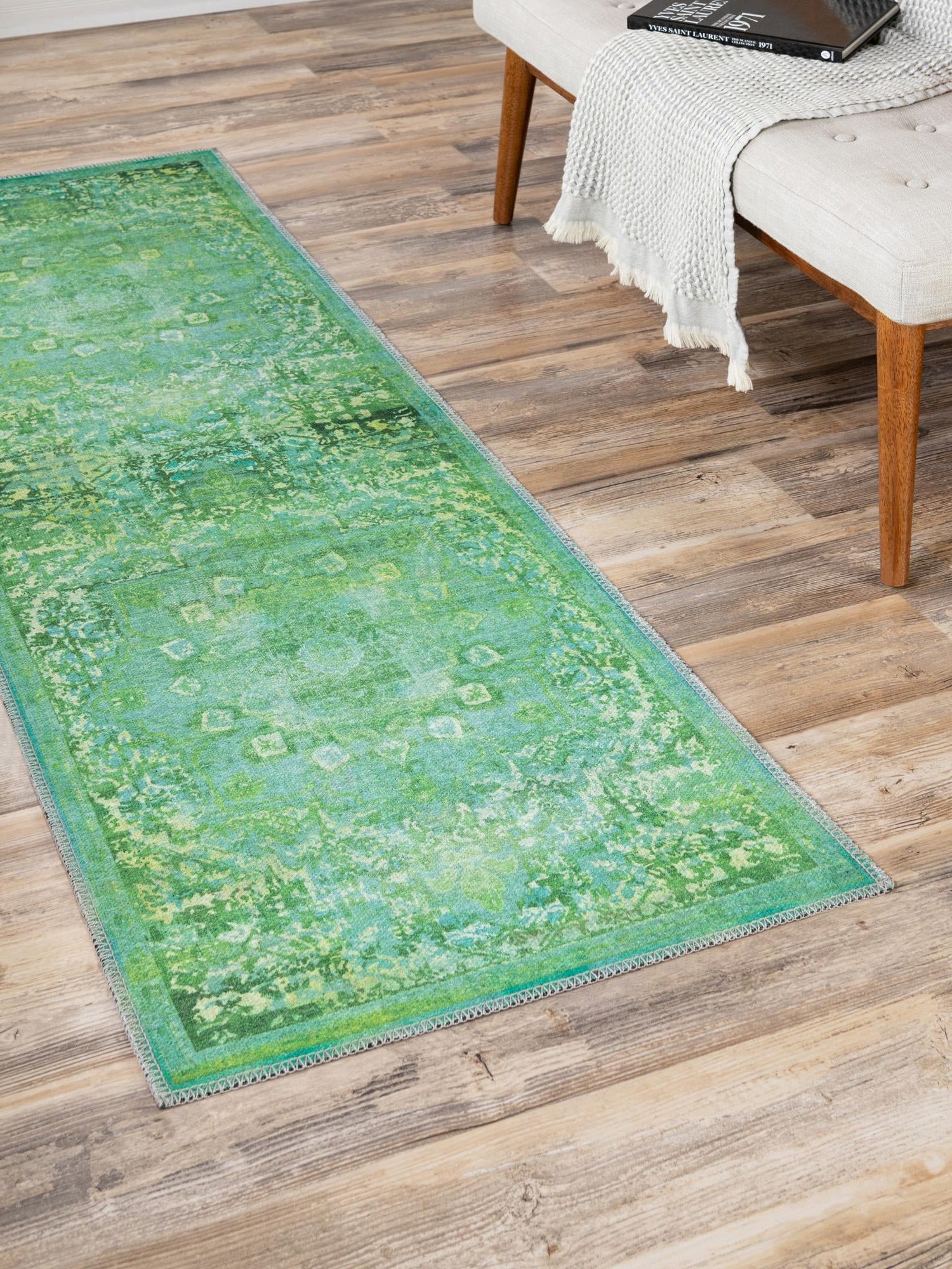 Washable Spring Green 2' x 13' 1 Renaissance Runner Area Rug Easy to Clean Stain Resistant & Durable Colorful Distressed Vintage Carpet for Sale at Rug Engine