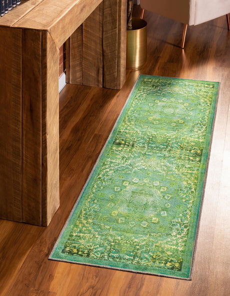 Washable Spring Green 2' x 6' 1 Renaissance Runner Area Rug Easy to Clean Stain Resistant & Durable Colorful Distressed Vintage Carpet for Sale at Rug Engine