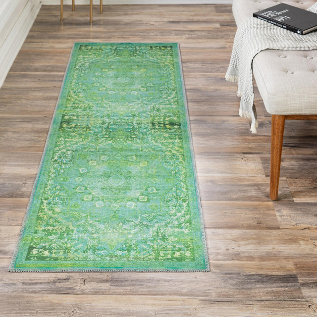 Washable Spring Green 2' x 10' Renaissance Runner Area Rug Easy to Clean Stain Resistant & Durable Colorful Distressed Vintage Carpet for Sale at Rug Engine