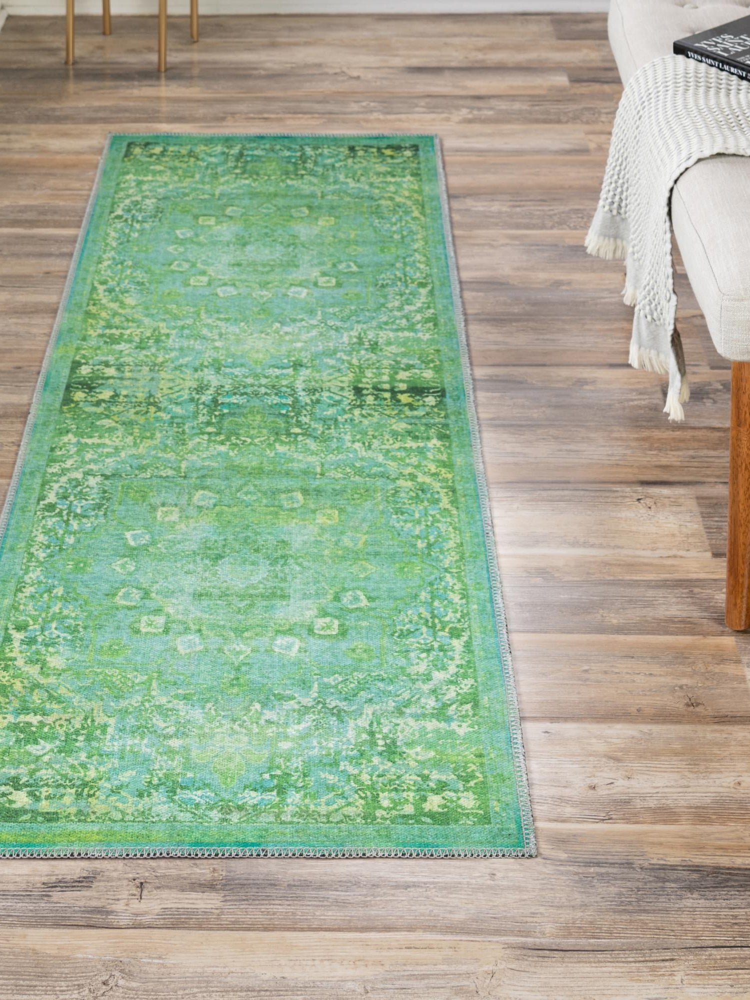 Washable Spring Green 2' x 13' 1 Renaissance Runner Area Rug Easy to Clean Stain Resistant & Durable Colorful Distressed Vintage Carpet for Sale at Rug Engine