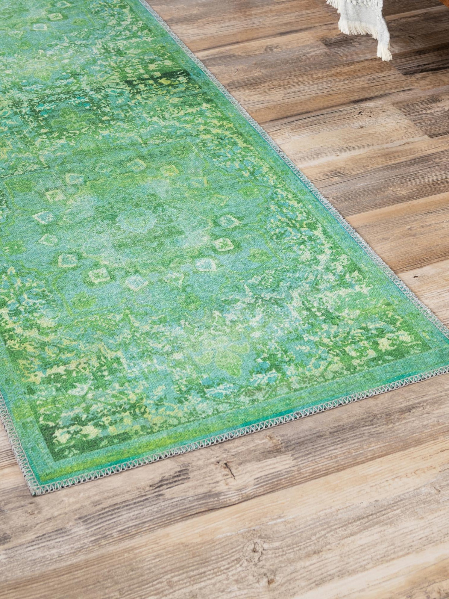 Washable Spring Green 2' x 13' 1 Renaissance Runner Area Rug Easy to Clean Stain Resistant & Durable Colorful Distressed Vintage Carpet for Sale at Rug Engine