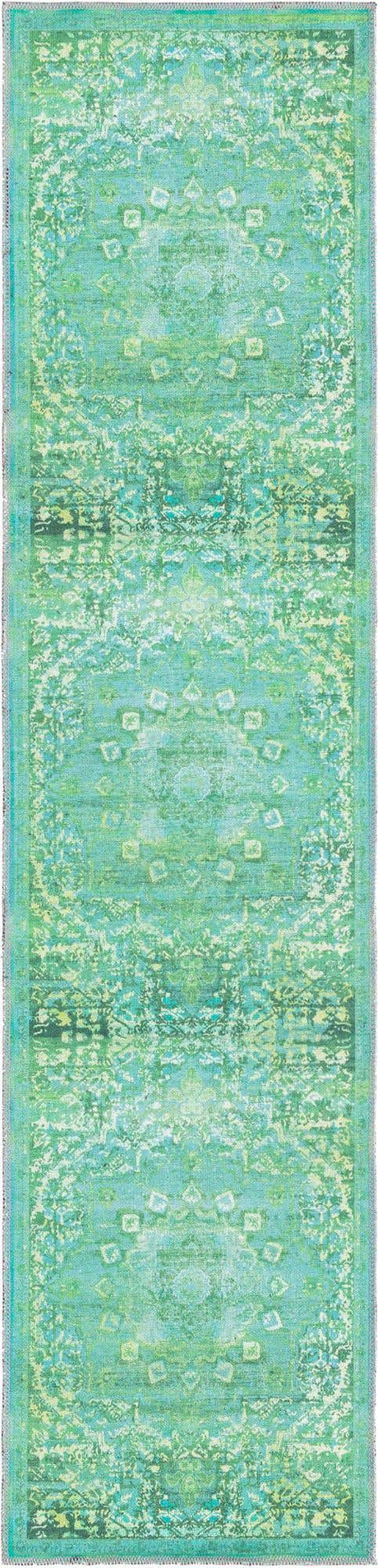 Washable Spring Green 2' x 8' Renaissance Runner Area Rug Easy to Clean Stain Resistant & Durable Colorful Distressed Vintage Carpet for Sale at Rug Engine
