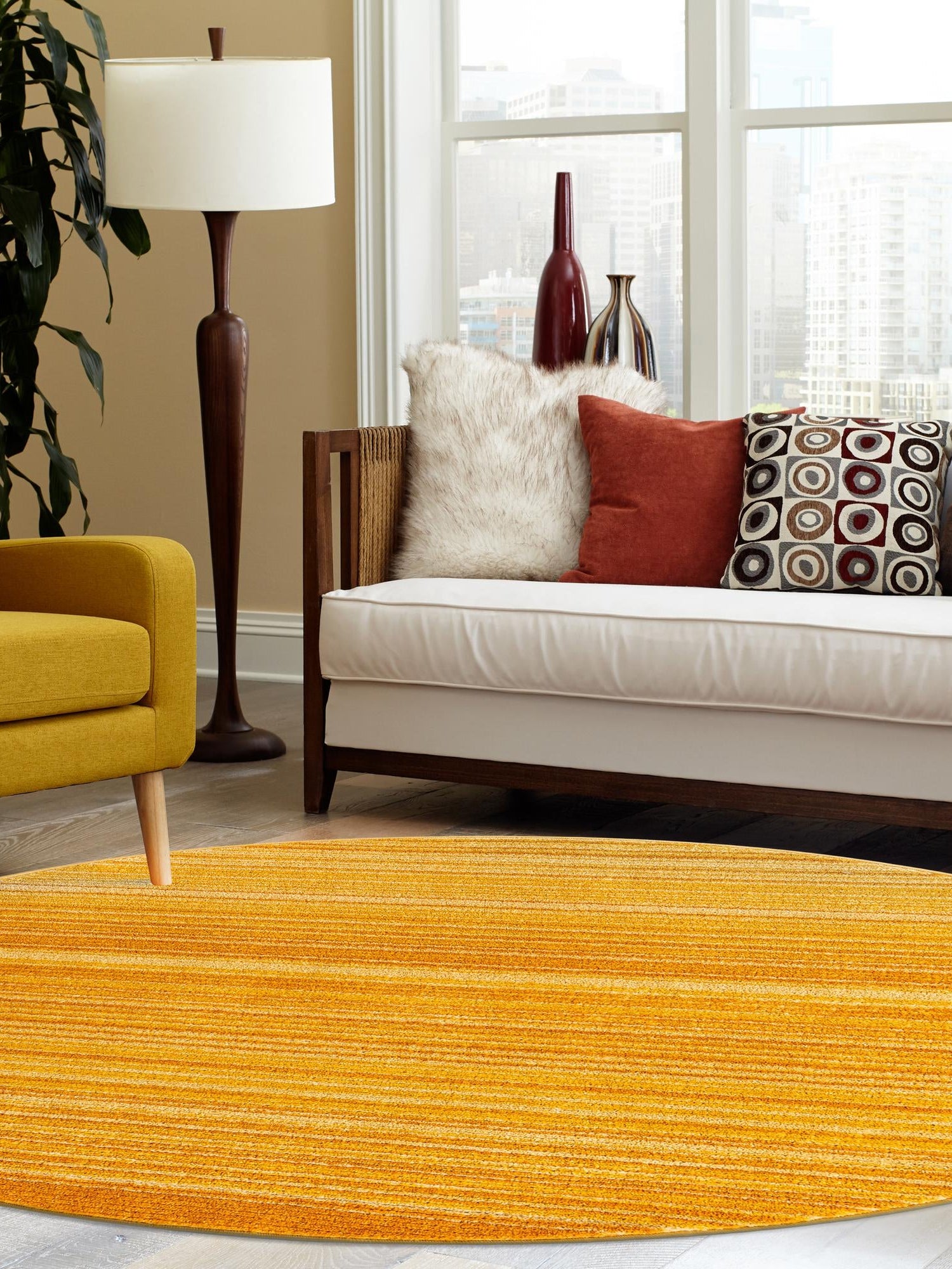 Yellow 5' 3 x 5' 3 Gemstone Round Area Rug Polypropylene Contemporary Carpet Easy Clean Stain Resistant for Home Design Decorating for Sale at Rug Engine