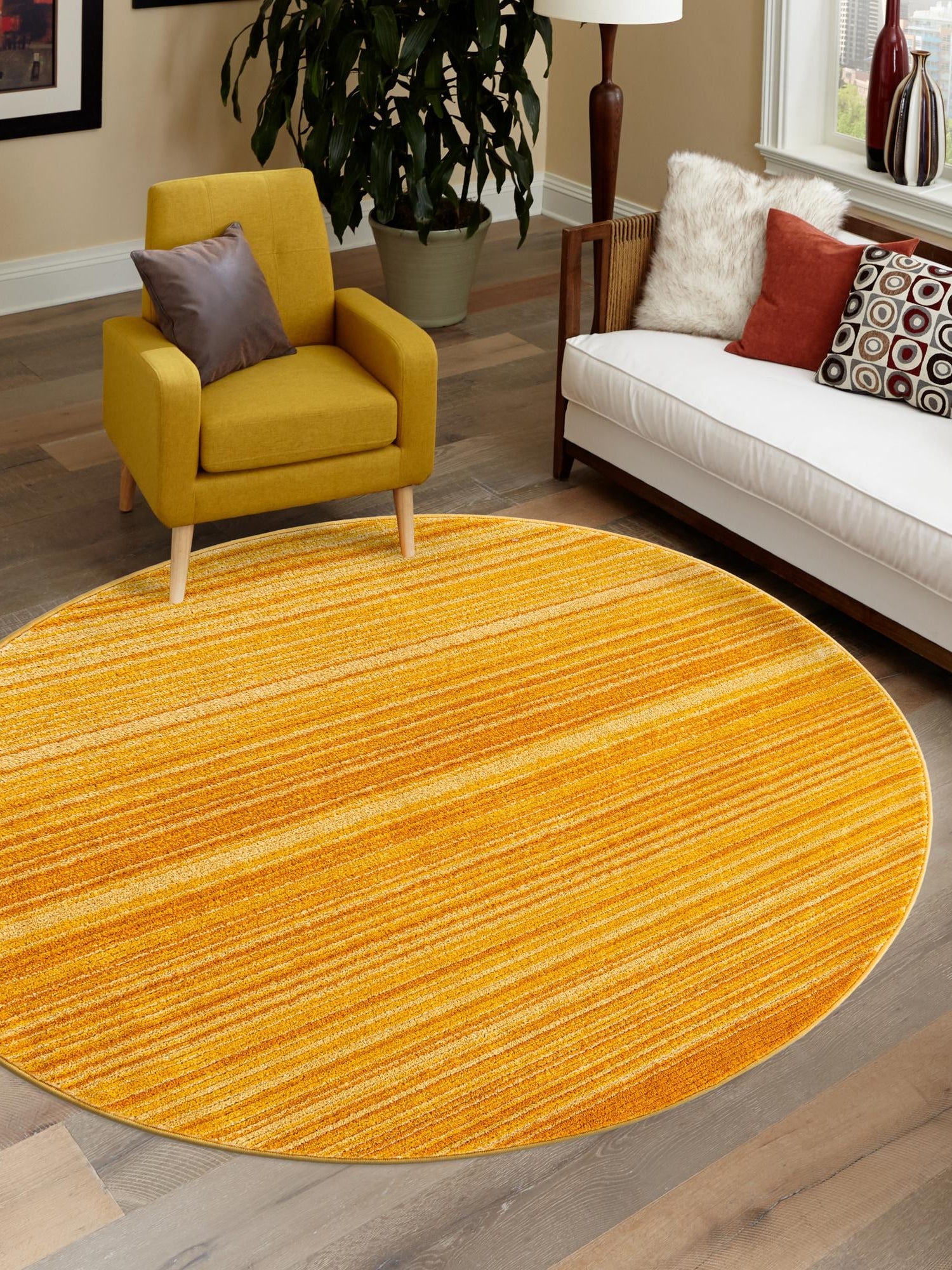 Yellow 5' 3 x 5' 3 Gemstone Round Area Rug Polypropylene Contemporary Carpet Easy Clean Stain Resistant for Home Design Decorating for Sale at Rug Engine