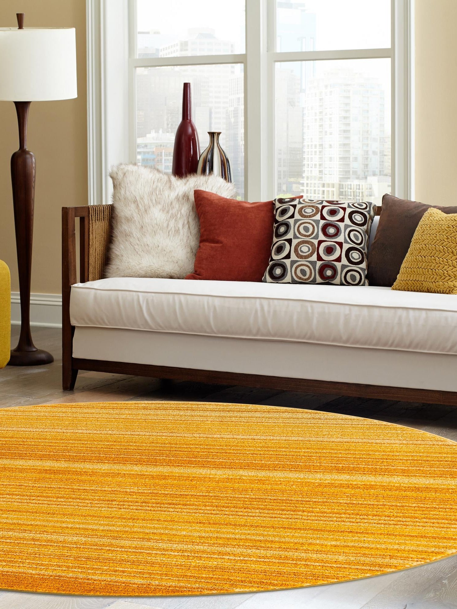 Yellow 5' 3 x 5' 3 Gemstone Round Area Rug Polypropylene Contemporary Carpet Easy Clean Stain Resistant for Home Design Decorating for Sale at Rug Engine