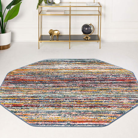 Multicolor 7' 3 x 7' 3 Gemstone Octagon Area Rug Polypropylene Contemporary Carpet Easy Clean Stain Resistant for Home Design Decorating for Sale at Rug Engine