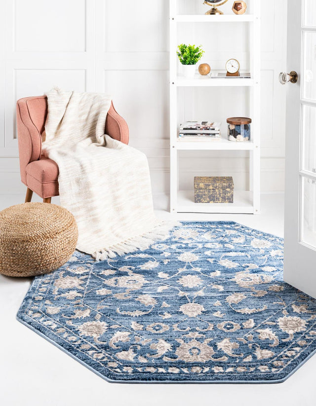 Blue 5' 3 x 5' 3 Boston Octagon Area Rug 55% Polypropylene & 45% Polyester Easy Clean Traditional Classical Carpet for Contemporary Living Dining Room Office Space for Sale at Rug Engine