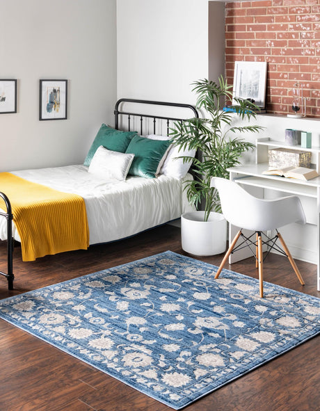 Blue 5' 3 x 5' 3 Boston Square Area Rug 55% Polypropylene & 45% Polyester Easy Clean Traditional Classical Carpet for Contemporary Living Dining Room Office Space for Sale at Rug Engine