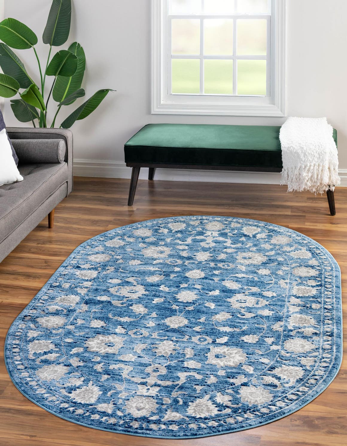Blue 5' 3 x 8' Boston Oval Area Rug 55% Polypropylene & 45% Polyester Easy Clean Traditional Classical Carpet for Contemporary Living Dining Room Office Space for Sale at Rug Engine