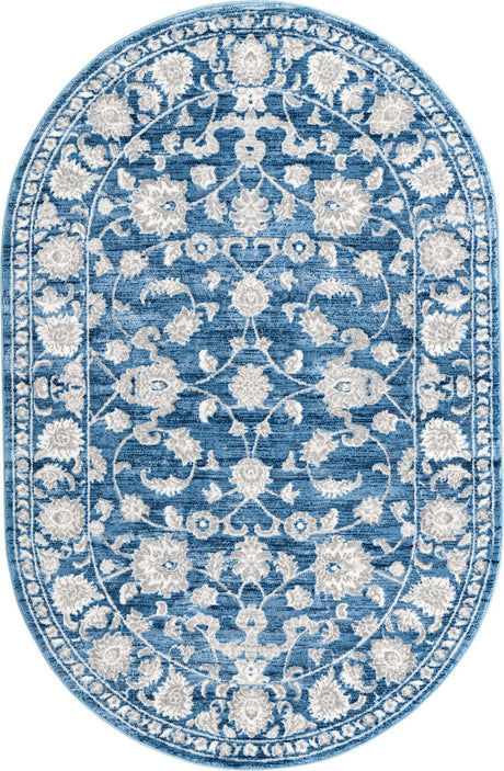 Blue 5' 3 x 8' Boston Oval Area Rug 55% Polypropylene & 45% Polyester Easy Clean Traditional Classical Carpet for Contemporary Living Dining Room Office Space for Sale at Rug Engine