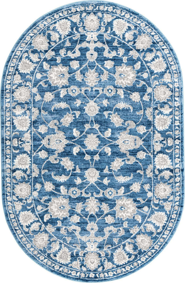 Blue 5' 3 x 8' Boston Oval Area Rug 55% Polypropylene & 45% Polyester Easy Clean Traditional Classical Carpet for Contemporary Living Dining Room Office Space for Sale at Rug Engine