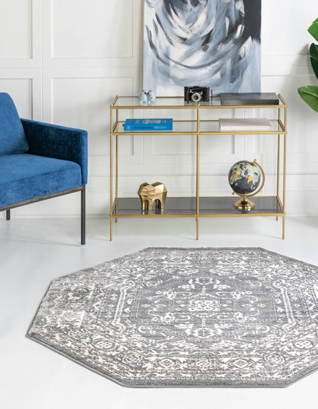 Gray 5' 3 x 5' 3 Boston Octagon Area Rug 55% Polypropylene & 45% Polyester Easy Clean Traditional Classical Carpet for Contemporary Living Dining Room Office Space for Sale at Rug Engine
