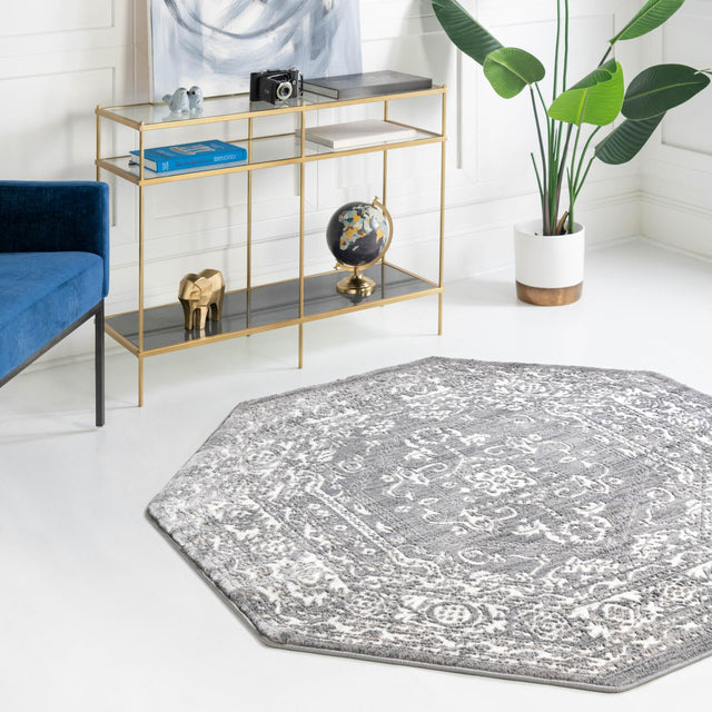 Gray 5' 3 x 5' 3 Boston Octagon Area Rug 55% Polypropylene & 45% Polyester Easy Clean Traditional Classical Carpet for Contemporary Living Dining Room Office Space for Sale at Rug Engine