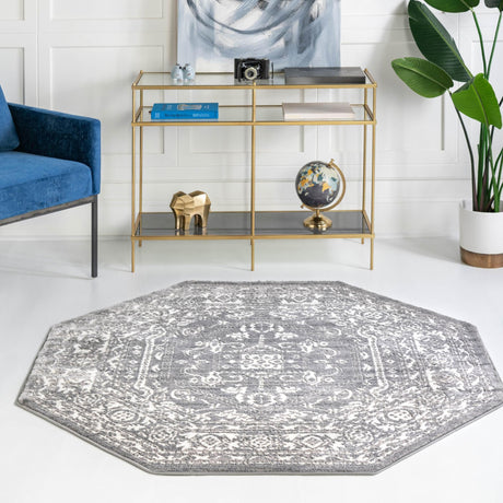 Gray 5' 3 x 5' 3 Boston Octagon Area Rug 55% Polypropylene & 45% Polyester Easy Clean Traditional Classical Carpet for Contemporary Living Dining Room Office Space for Sale at Rug Engine