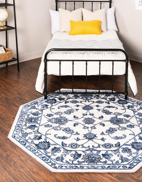 White Blue 5' 3 x 5' 3 Boston Octagon Area Rug 55% Polypropylene & 45% Polyester Easy Clean Traditional Classical Carpet for Contemporary Living Dining Room Office Space for Sale at Rug Engine