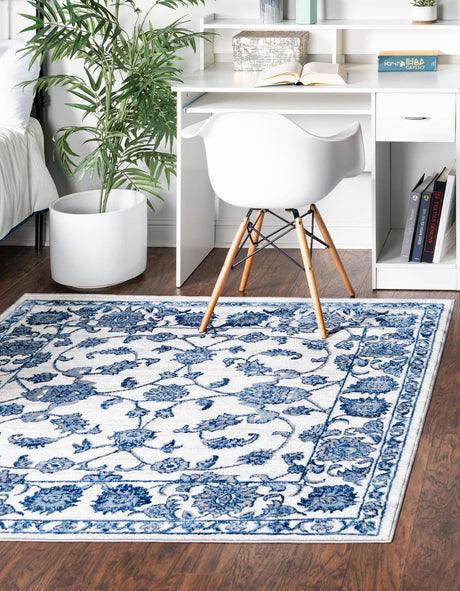 White Blue 7' 10 x 7' 10 Boston Square Area Rug 55% Polypropylene & 45% Polyester Easy Clean Traditional Classical Carpet for Contemporary Living Dining Room Office Space for Sale at Rug Engine