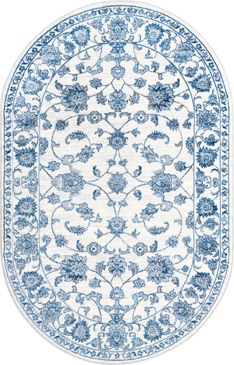 White Blue 5' 3 x 8' Boston Oval Area Rug 55% Polypropylene & 45% Polyester Easy Clean Traditional Classical Carpet for Contemporary Living Dining Room Office Space for Sale at Rug Engine