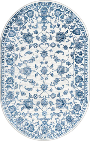 White Blue 5' 3 x 8' Boston Oval Area Rug 55% Polypropylene & 45% Polyester Easy Clean Traditional Classical Carpet for Contemporary Living Dining Room Office Space for Sale at Rug Engine