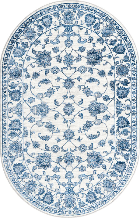 White Blue 5' 3 x 8' Boston Oval Area Rug 55% Polypropylene & 45% Polyester Easy Clean Traditional Classical Carpet for Contemporary Living Dining Room Office Space for Sale at Rug Engine