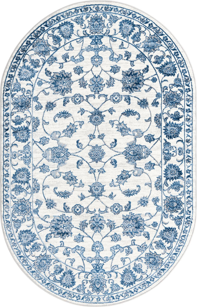 White Blue 5' 3 x 8' Boston Oval Area Rug 55% Polypropylene & 45% Polyester Easy Clean Traditional Classical Carpet for Contemporary Living Dining Room Office Space for Sale at Rug Engine