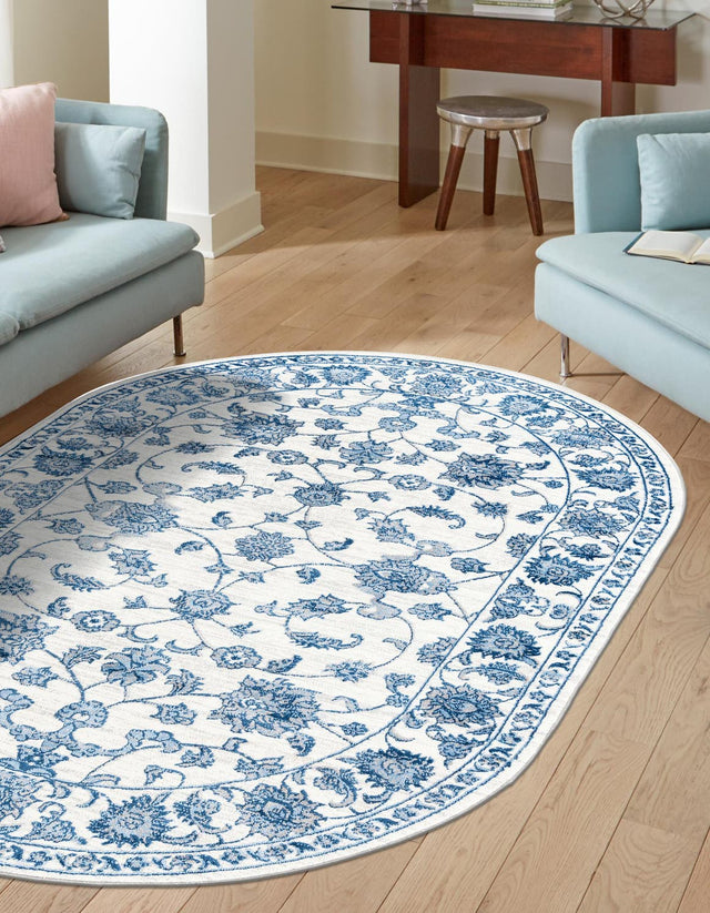 White Blue 5' 3 x 8' Boston Oval Area Rug 55% Polypropylene & 45% Polyester Easy Clean Traditional Classical Carpet for Contemporary Living Dining Room Office Space for Sale at Rug Engine