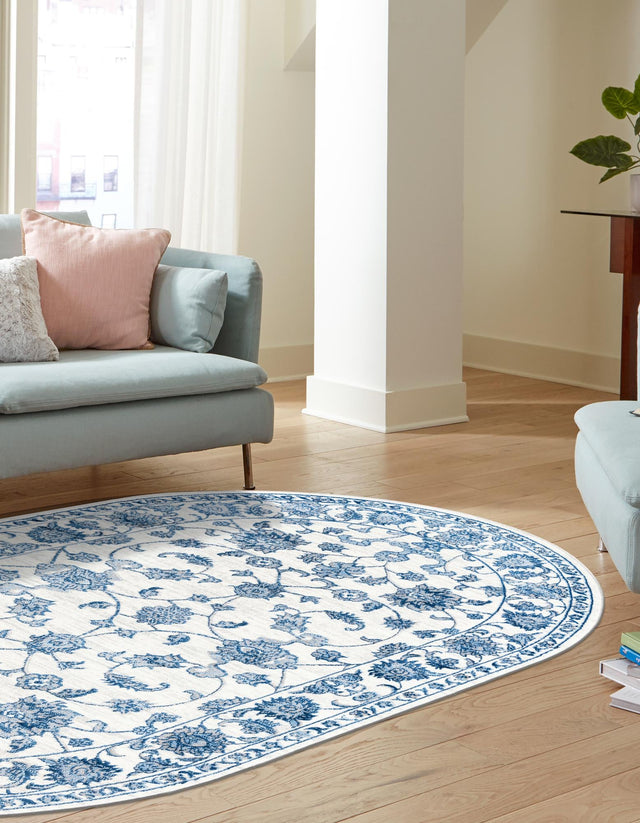 White Blue 5' 3 x 8' Boston Oval Area Rug 55% Polypropylene & 45% Polyester Easy Clean Traditional Classical Carpet for Contemporary Living Dining Room Office Space for Sale at Rug Engine