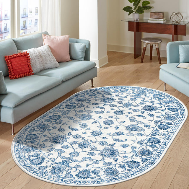 White Blue 5' 3 x 8' Boston Oval Area Rug 55% Polypropylene & 45% Polyester Easy Clean Traditional Classical Carpet for Contemporary Living Dining Room Office Space for Sale at Rug Engine