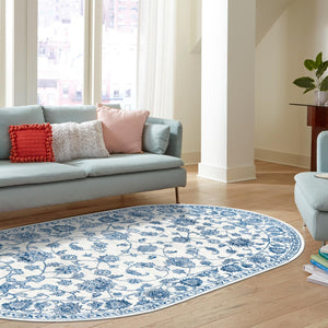 White Blue 5' 3 x 8' Boston Oval Area Rug 55% Polypropylene & 45% Polyester Easy Clean Traditional Classical Carpet for Contemporary Living Dining Room Office Space for Sale at Rug Engine