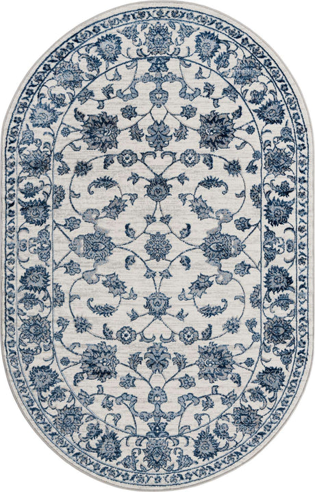White Blue 5' 3 x 8' Boston Oval Area Rug 55% Polypropylene & 45% Polyester Easy Clean Traditional Classical Carpet for Contemporary Living Dining Room Office Space for Sale at Rug Engine