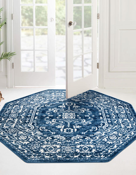 Blue 5' 3 x 5' 3 Boston Octagon Area Rug 55% Polypropylene & 45% Polyester Easy Clean Traditional Classical Carpet for Contemporary Living Dining Room Office Space for Sale at Rug Engine