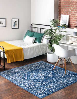Blue 5' 3 x 5' 3 Boston Square Area Rug 55% Polypropylene & 45% Polyester Easy Clean Traditional Classical Carpet for Contemporary Living Dining Room Office Space for Sale at Rug Engine