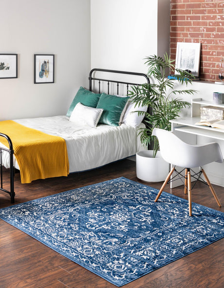 Blue 5' 3 x 5' 3 Boston Square Area Rug 55% Polypropylene & 45% Polyester Easy Clean Traditional Classical Carpet for Contemporary Living Dining Room Office Space for Sale at Rug Engine