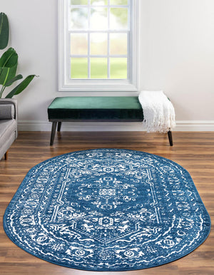 Blue 5' 3 x 8' Boston Oval Area Rug 55% Polypropylene & 45% Polyester Easy Clean Traditional Classical Carpet for Contemporary Living Dining Room Office Space for Sale at Rug Engine