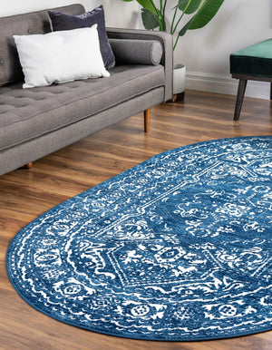 Blue 5' 3 x 8' Boston Oval Area Rug 55% Polypropylene & 45% Polyester Easy Clean Traditional Classical Carpet for Contemporary Living Dining Room Office Space for Sale at Rug Engine