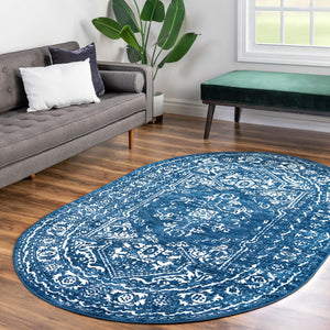 Blue 5' 3 x 8' Boston Oval Area Rug 55% Polypropylene & 45% Polyester Easy Clean Traditional Classical Carpet for Contemporary Living Dining Room Office Space for Sale at Rug Engine
