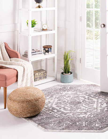 White 5' 3 x 5' 3 Boston Octagon Area Rug 55% Polypropylene & 45% Polyester Easy Clean Traditional Classical Carpet for Contemporary Living Dining Room Office Space for Sale at Rug Engine