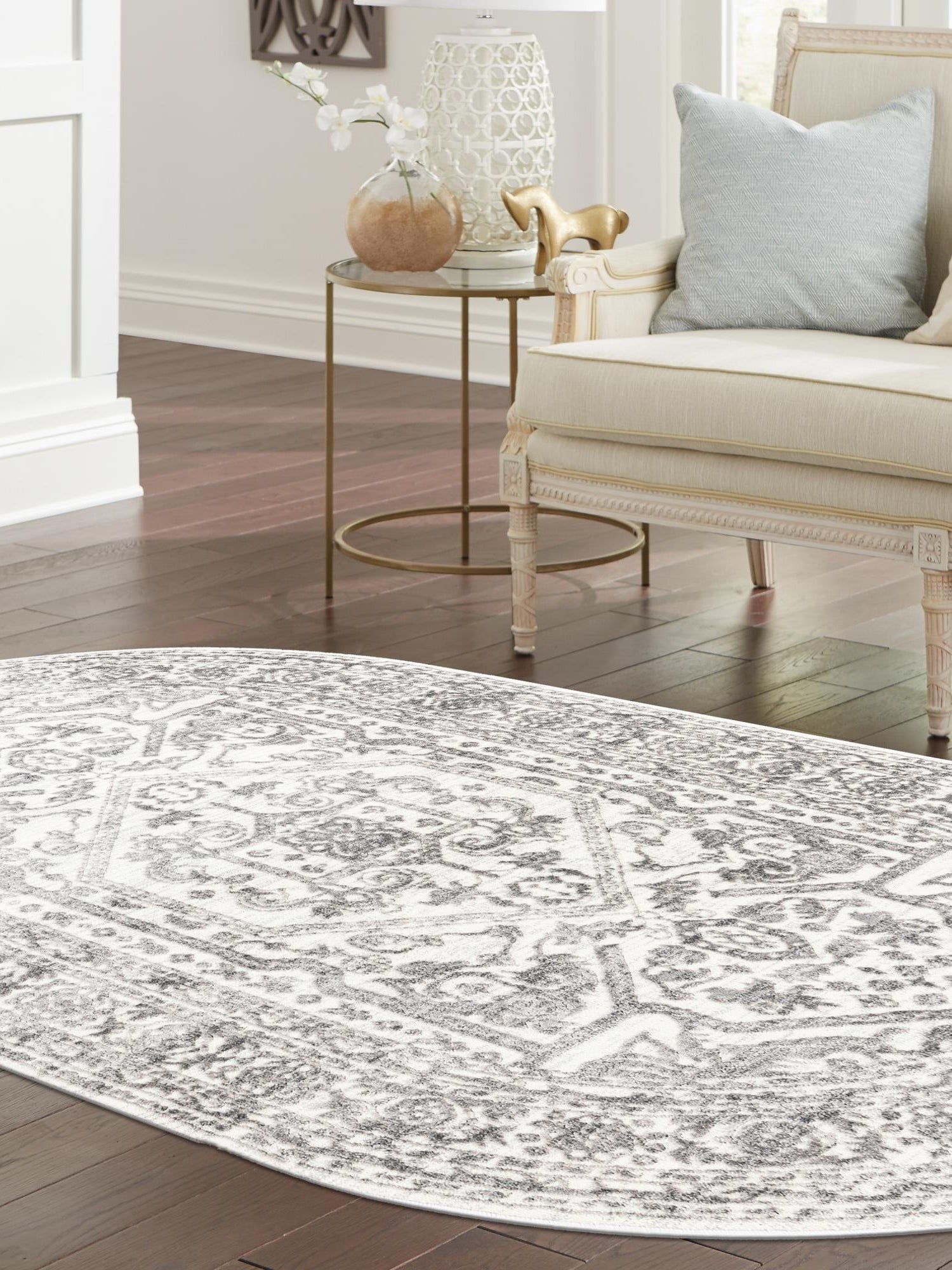 White 3' 3 x 5' 3 Boston Oval Area Rug 55% Polypropylene & 45% Polyester Easy Clean Traditional Classical Carpet for Contemporary Living Dining Room Office Space for Sale at Rug Engine