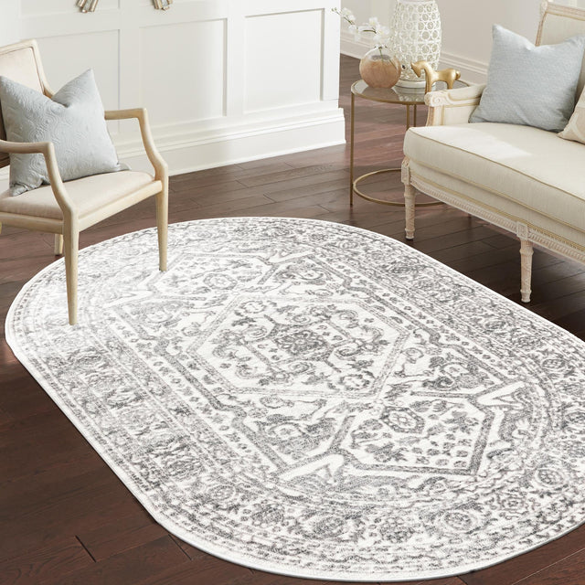 White 5' 3 x 8' Boston Oval Area Rug 55% Polypropylene & 45% Polyester Easy Clean Traditional Classical Carpet for Contemporary Living Dining Room Office Space for Sale at Rug Engine