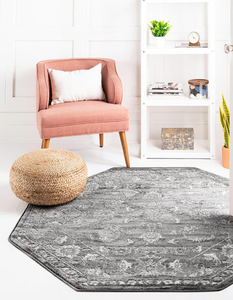 Gray 5' 3 x 5' 3 Boston Octagon Area Rug 55% Polypropylene & 45% Polyester Easy Clean Traditional Classical Carpet for Contemporary Living Dining Room Office Space for Sale at Rug Engine