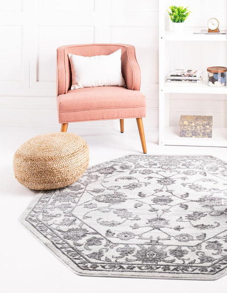 white Gray 5' 3 x 5' 3 Boston Octagon Area Rug 55% Polypropylene & 45% Polyester Easy Clean Traditional Classical Carpet for Contemporary Living Dining Room Office Space for Sale at Rug Engine