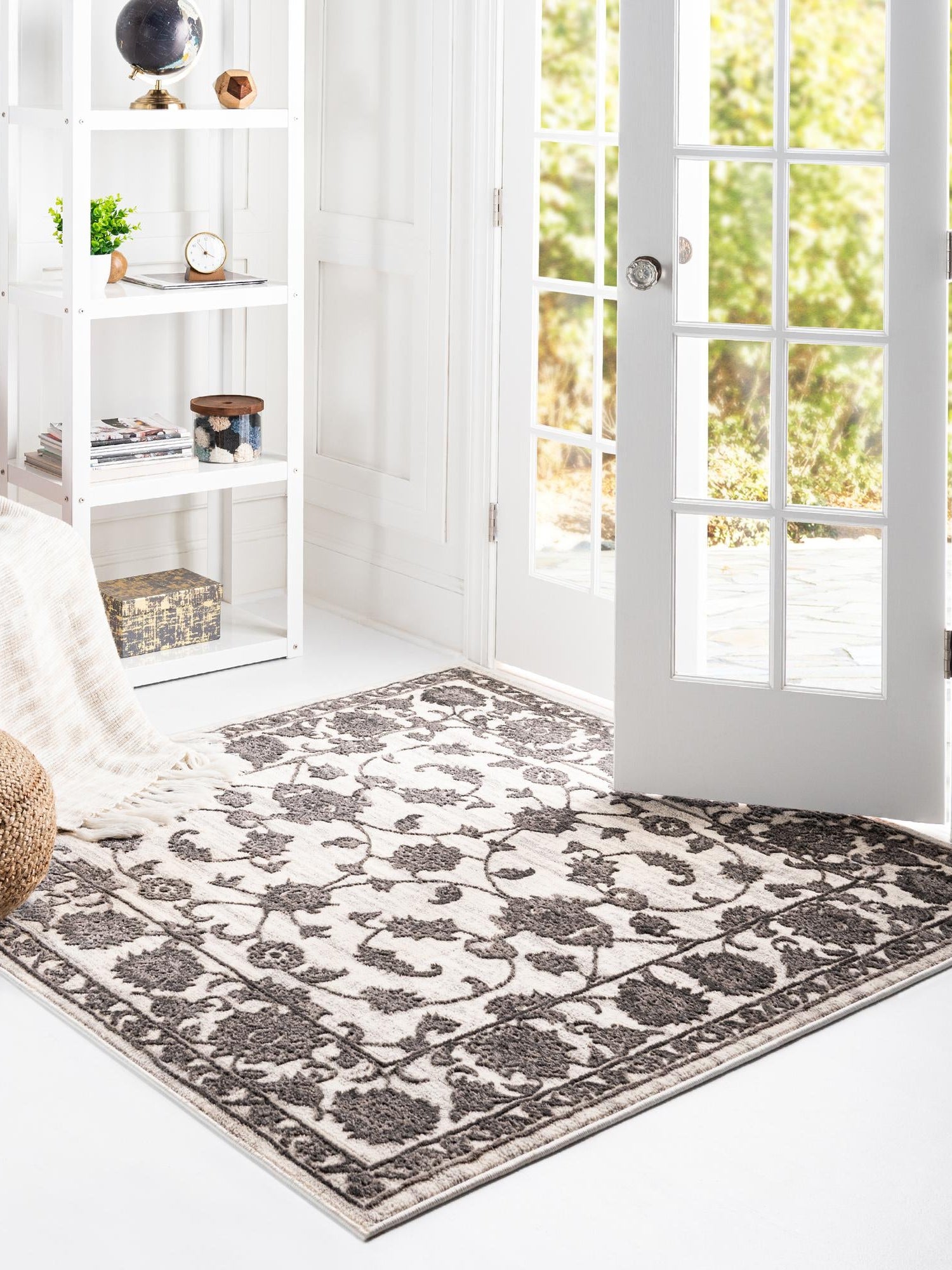 white Gray 3' 3 x 3' 3 Boston Square Area Rug 55% Polypropylene & 45% Polyester Easy Clean Traditional Classical Carpet for Contemporary Living Dining Room Office Space for Sale at Rug Engine