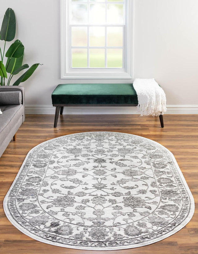 white Gray 5' 3 x 8' Boston Oval Area Rug 55% Polypropylene & 45% Polyester Easy Clean Traditional Classical Carpet for Contemporary Living Dining Room Office Space for Sale at Rug Engine