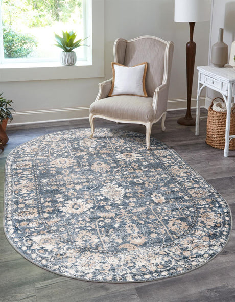 Blue 5' 3 x 8' Portland Oval Area Rug 85% Polypropylene & 15% Polyester Vintage Distressed Traditional Carpet for Home Decor for Sale at Rug Engine