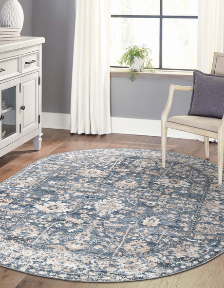 Blue 5' 3 x 8' Portland Oval Area Rug 85% Polypropylene & 15% Polyester Vintage Distressed Traditional Carpet for Home Decor for Sale at Rug Engine