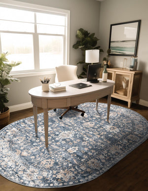 Blue 5' 3 x 8' Portland Oval Area Rug 85% Polypropylene & 15% Polyester Vintage Distressed Traditional Carpet for Home Decor for Sale at Rug Engine
